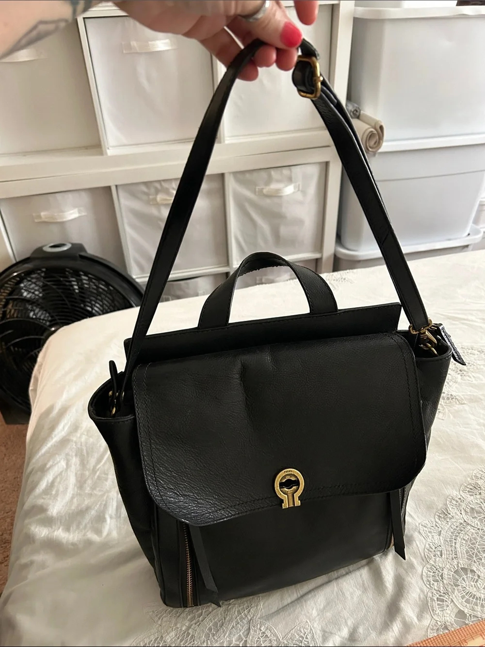 Fossil Black Leather Convertible Backpack Crossbody Bag with Gold Hardware
